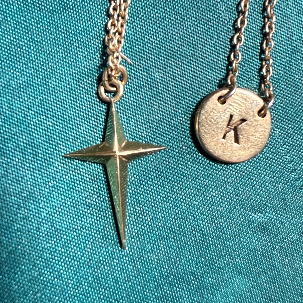 Two Necklaces Gold Tone Cross Pendant & Initial “K” Charm.